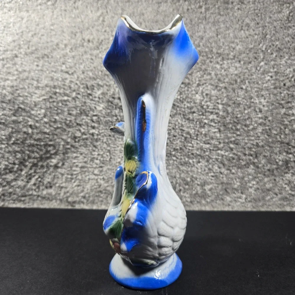 Porcelain Swan Vase Blue White‎ Floral Gold Trim Vintage Decor